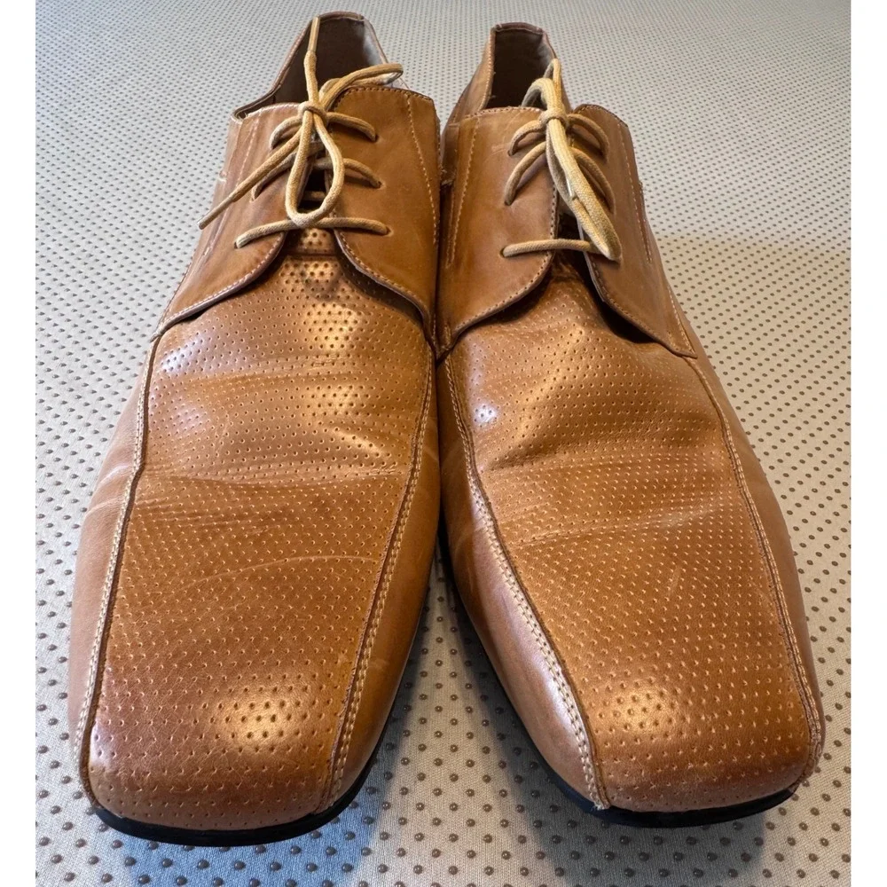 Stacy Adams Mens Dress Shoes Tan Cognac Leather Perforated Square Toe Oxford 13M